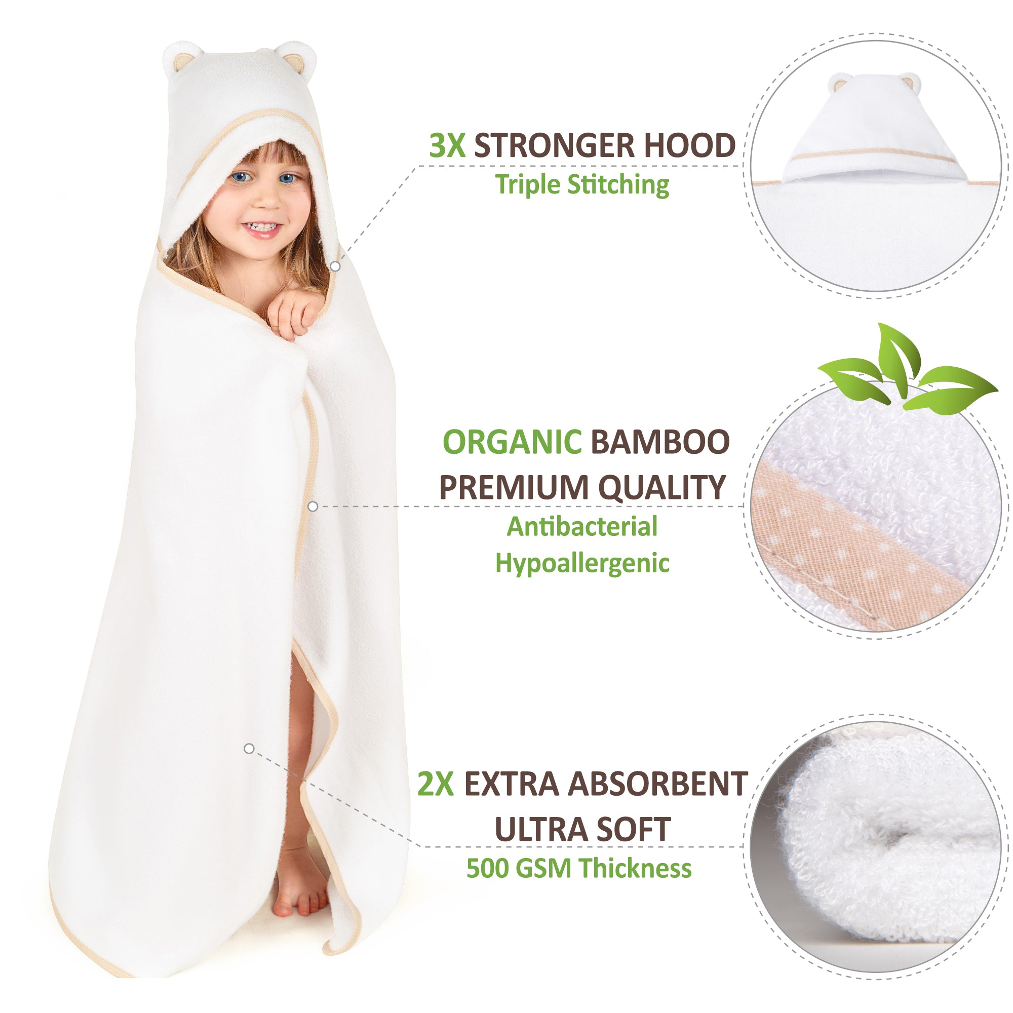 Premium Bamboo Toddler Towel with Hood (White)