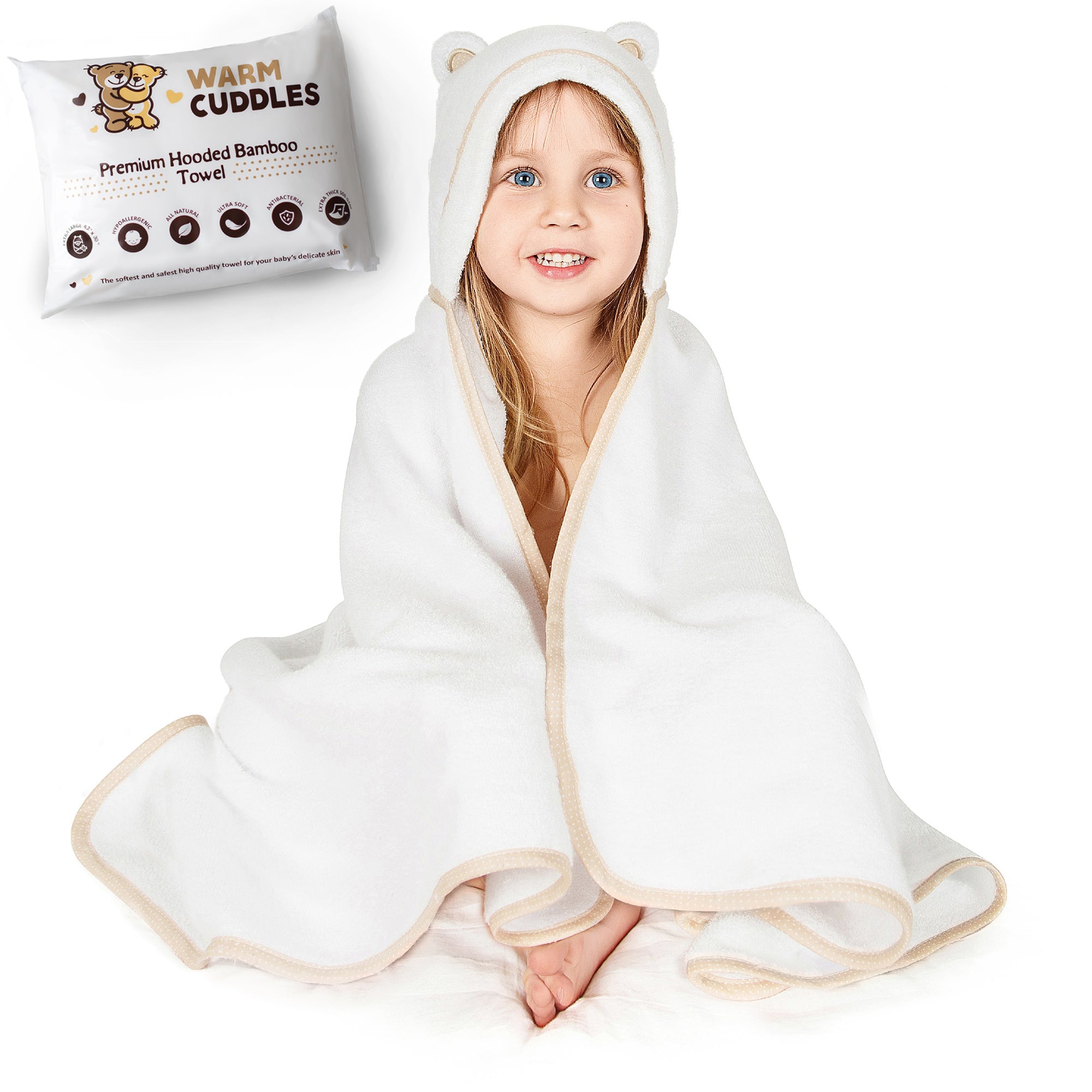 Premium Bamboo Toddler Towel with Hood (White)