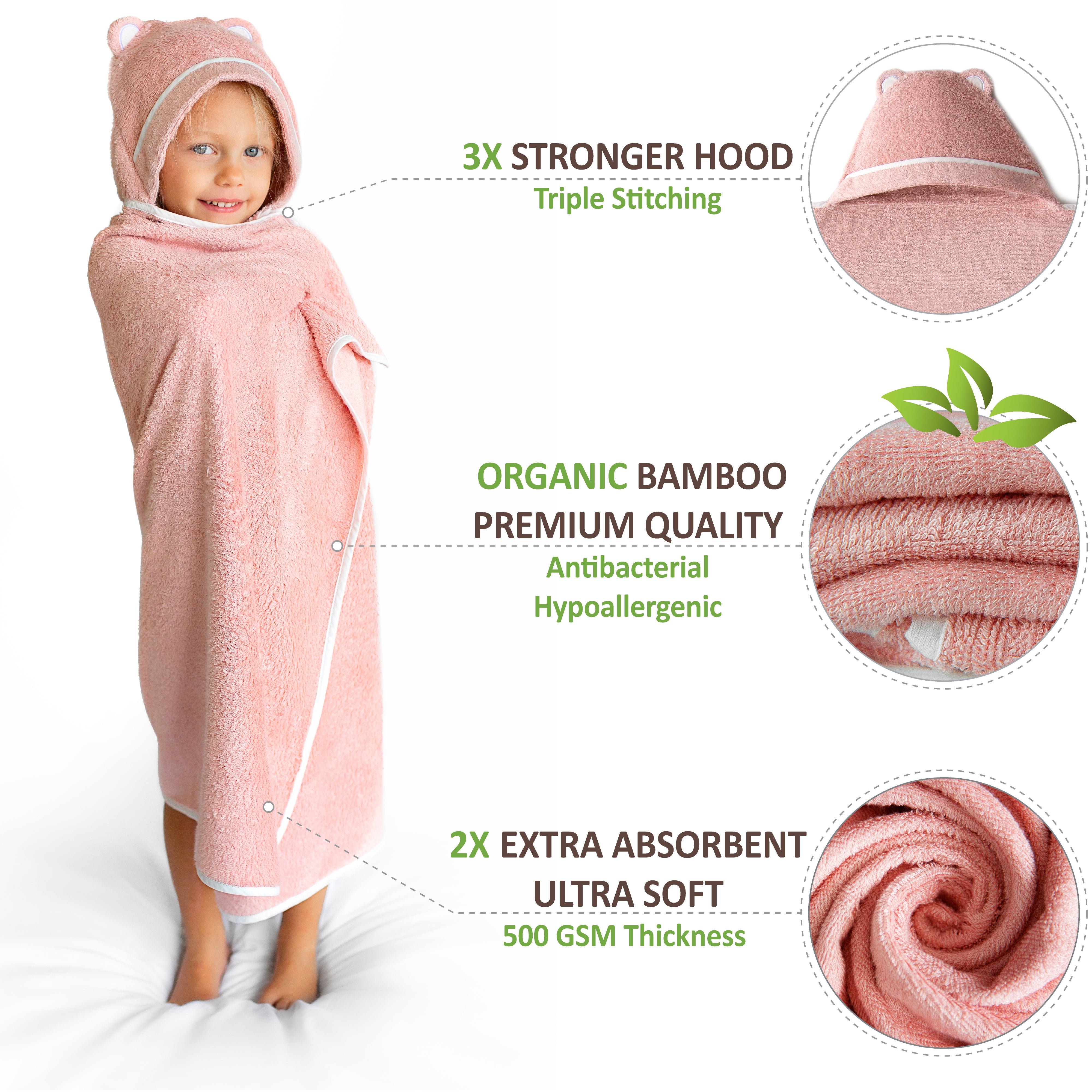 Premium Bamboo Toddler Towel with Hood (Pink)