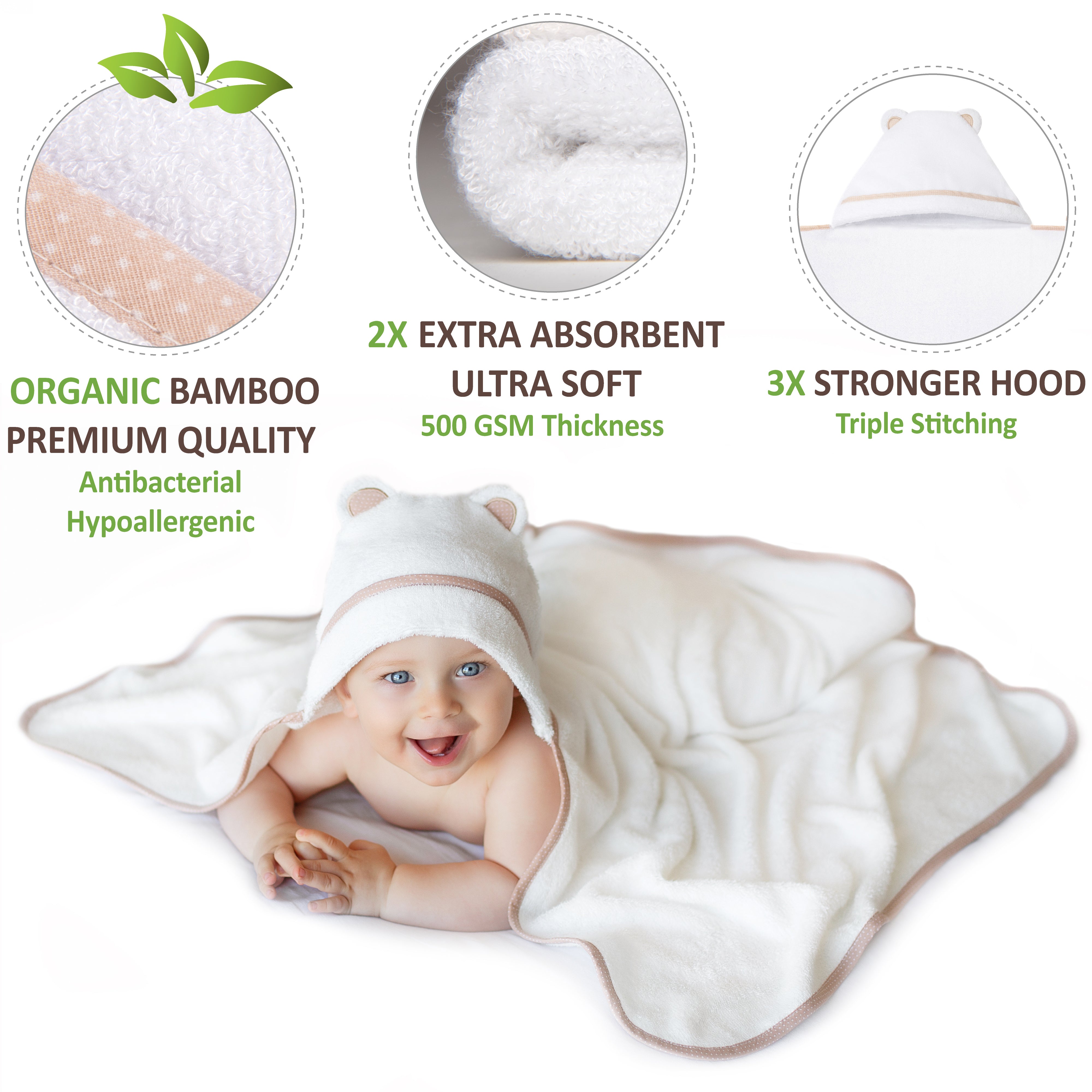 Premium Bamboo Baby Bath Towel (White)