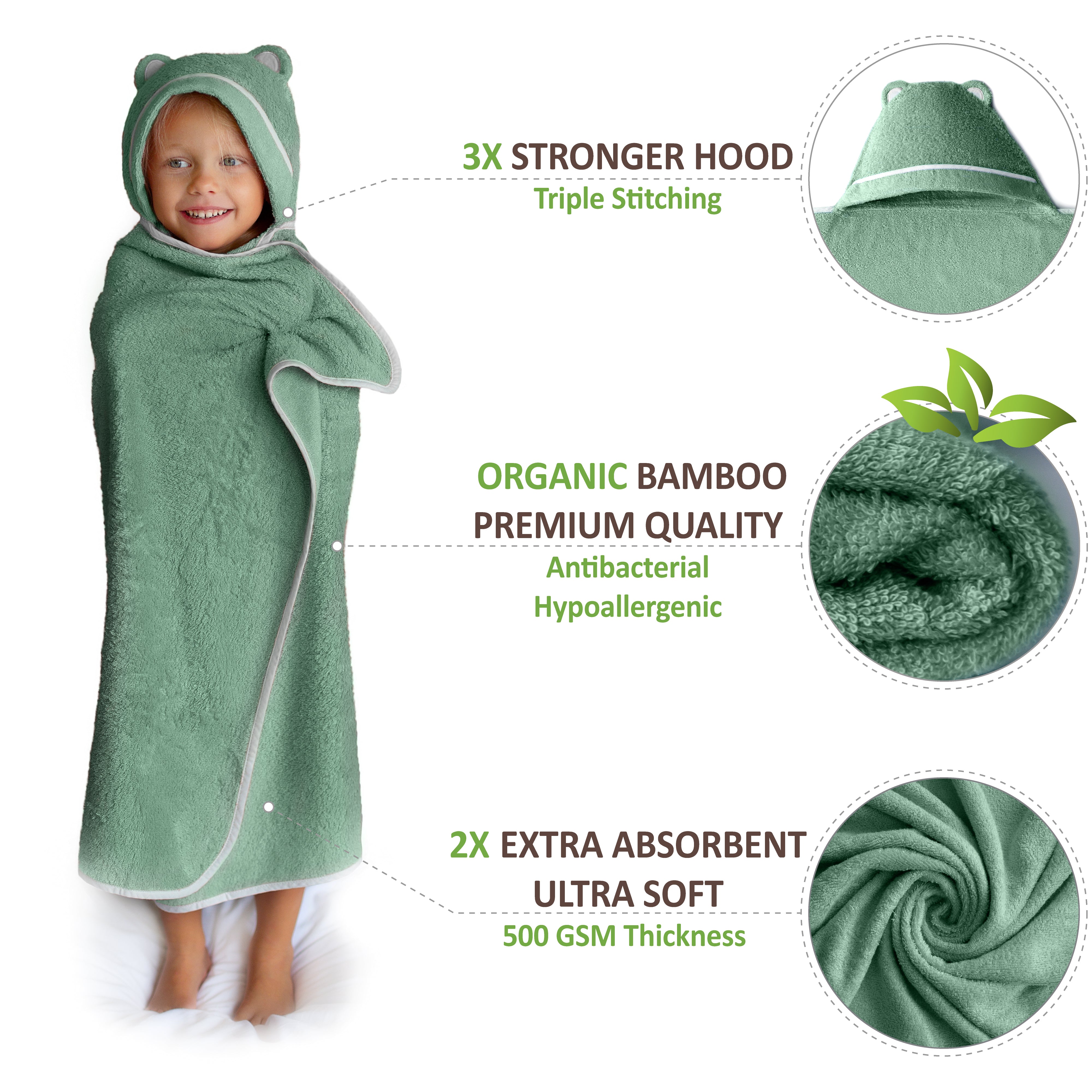 Premium Bamboo Toddler Towel with Hood (Green)