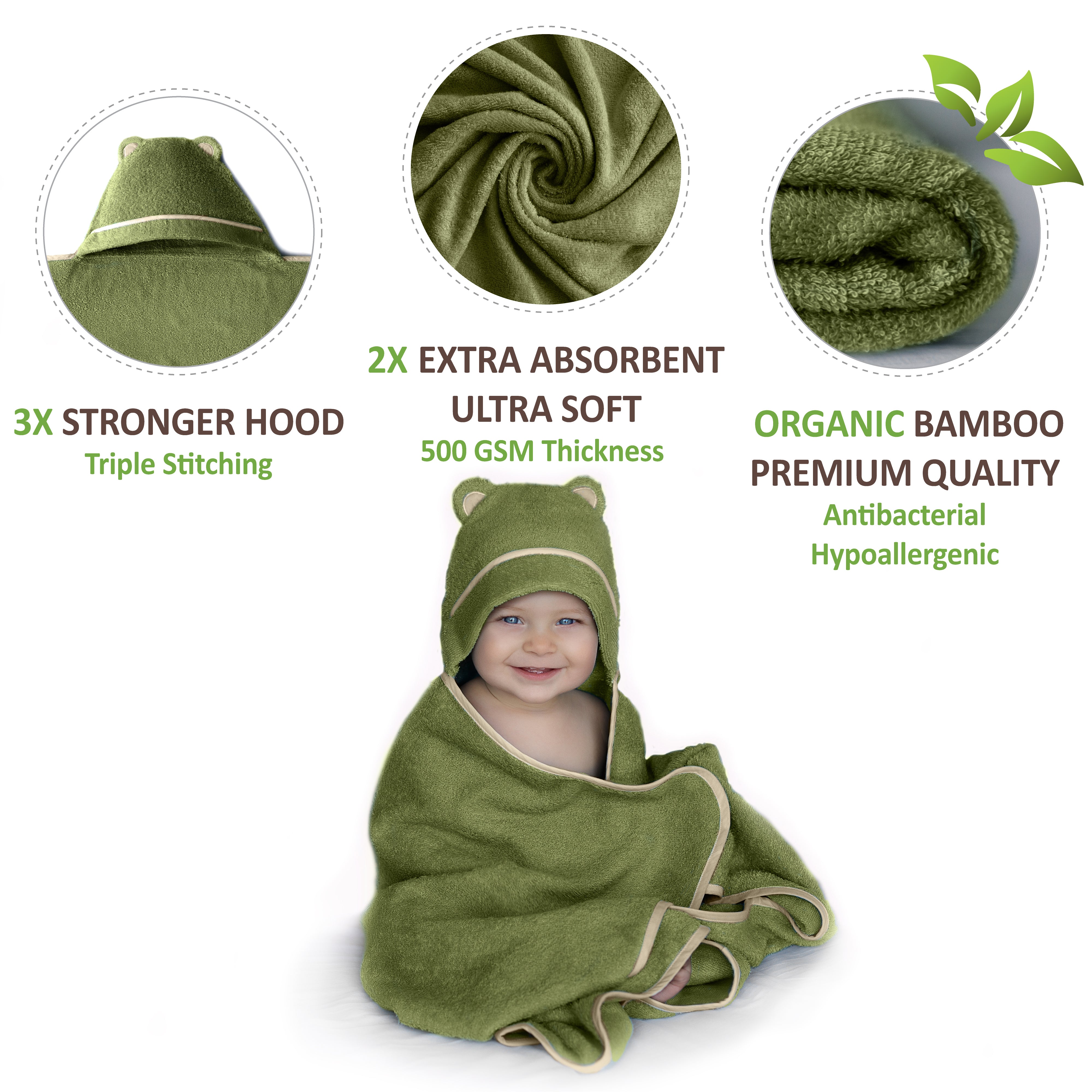 Premium Bamboo Baby Bath Towel (Olive)