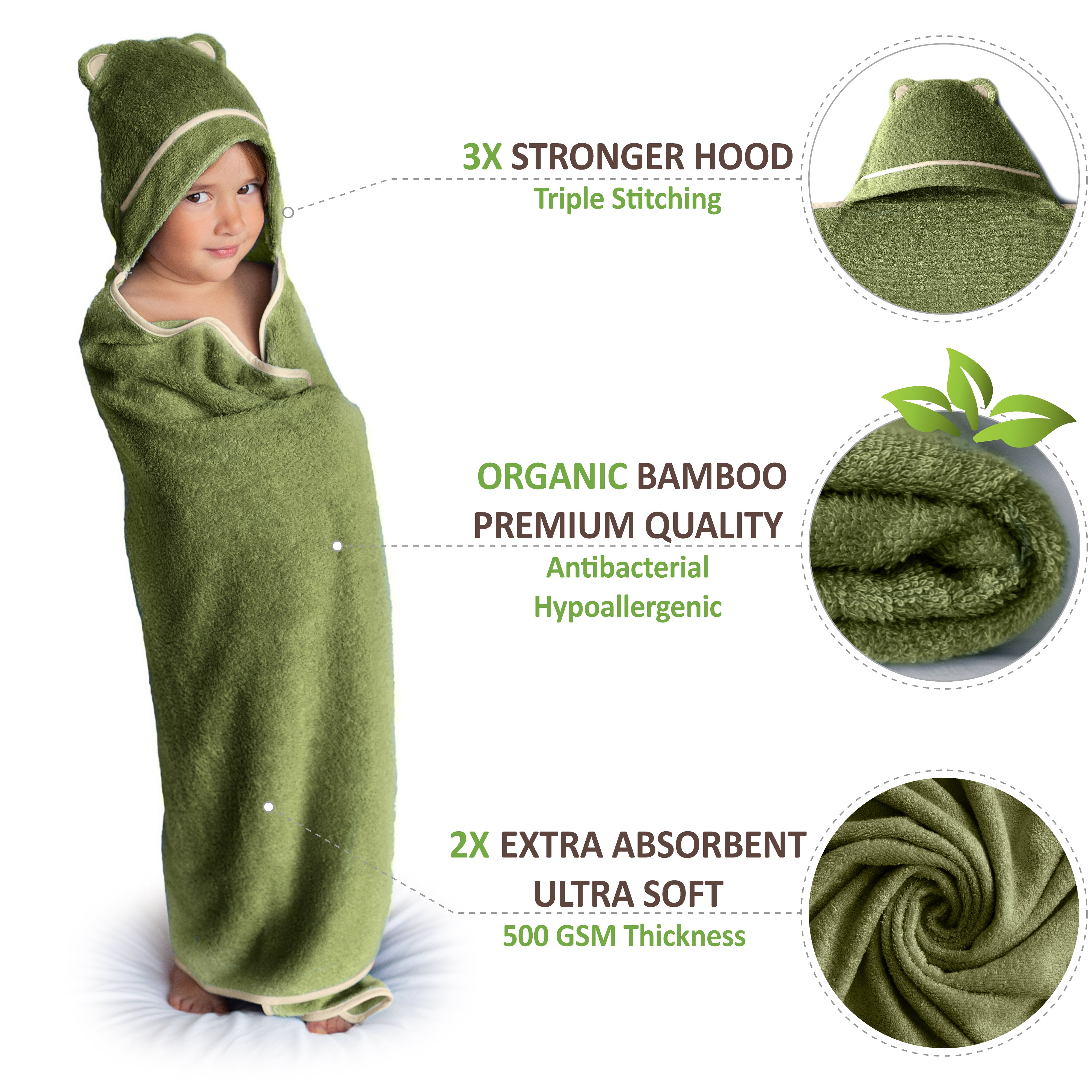 Premium Bamboo Toddler Towel with Hood (Olive)